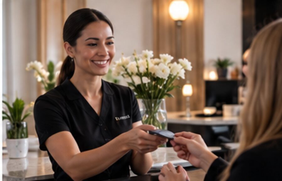 A salon manager handing a card back across the front desk, mid-conversation.