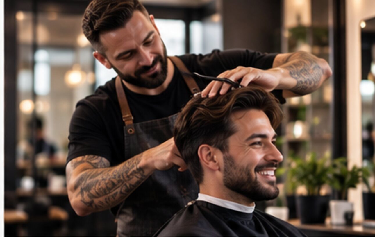 A stylist finishing a cut, working with care at the chair.