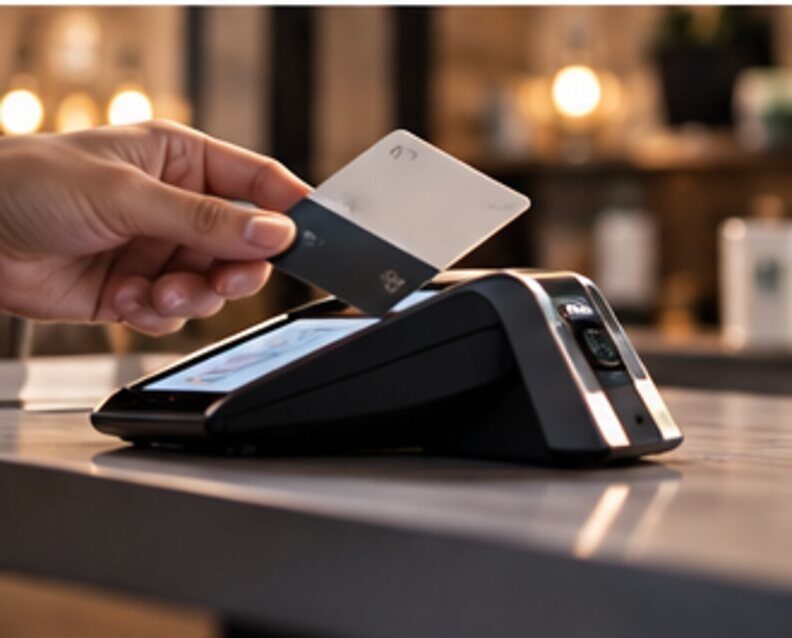 A card being tapped on a payment terminal at a salon counter.
